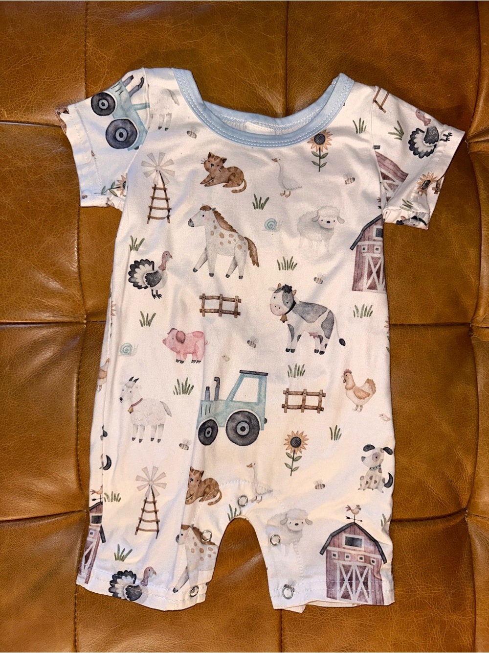 Baby Farm Animal Short Sleeve One-Piece Romper - Blue Trim